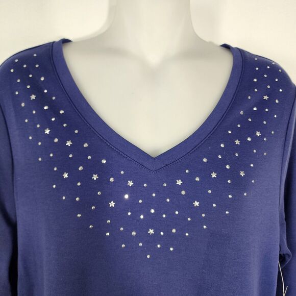 Studio Works Top Medium Blue V Neck Embellishments Beaded Stars 3/4 Sleeve NWT - Picture 3 of 11